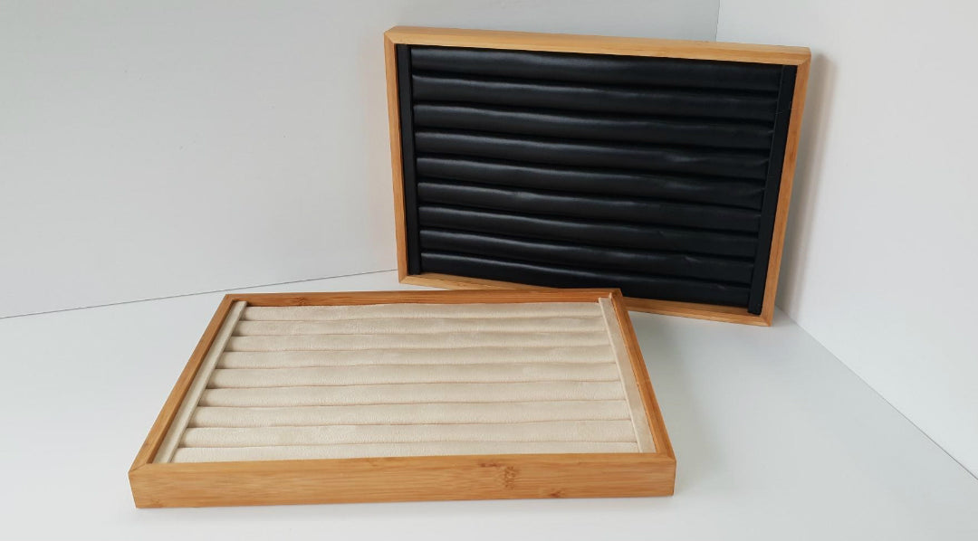 Ring Display Plate Bamboo Black Leatherette and Creme Suede