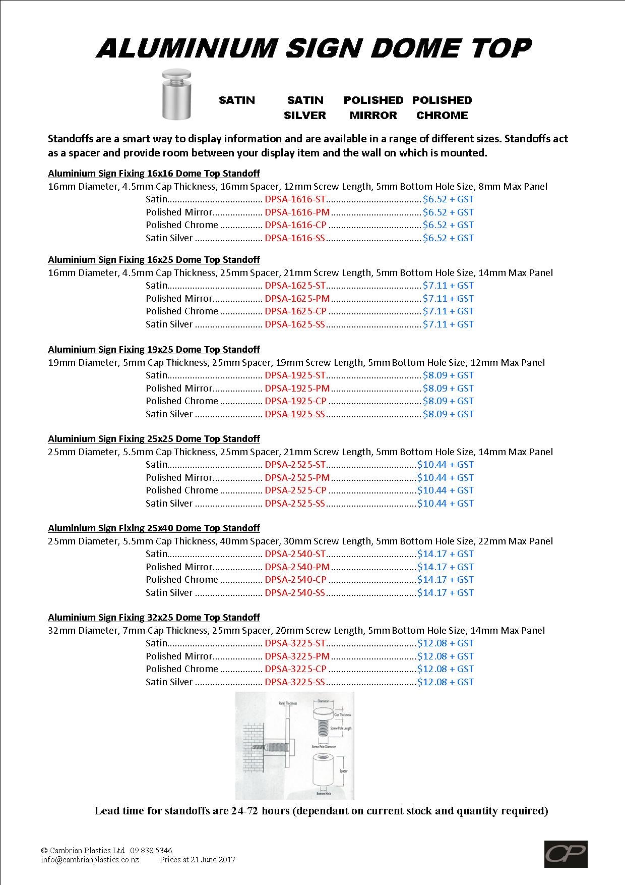 Standoffs - Aluminium Dome Top Flyer